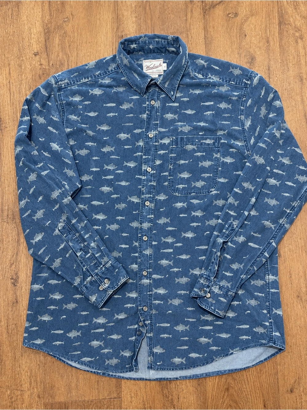 Vintage Woolrich Fish Print Denim Button-Up Shirt XL